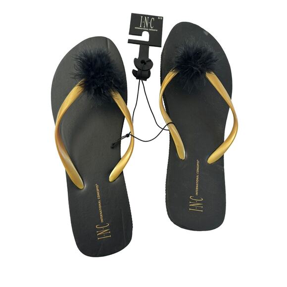 Flip Flops Womens 8/9 *READ* Fur Accent Gold Straps NWT INC Macys Sandals #4093 - Picture 1 of 9